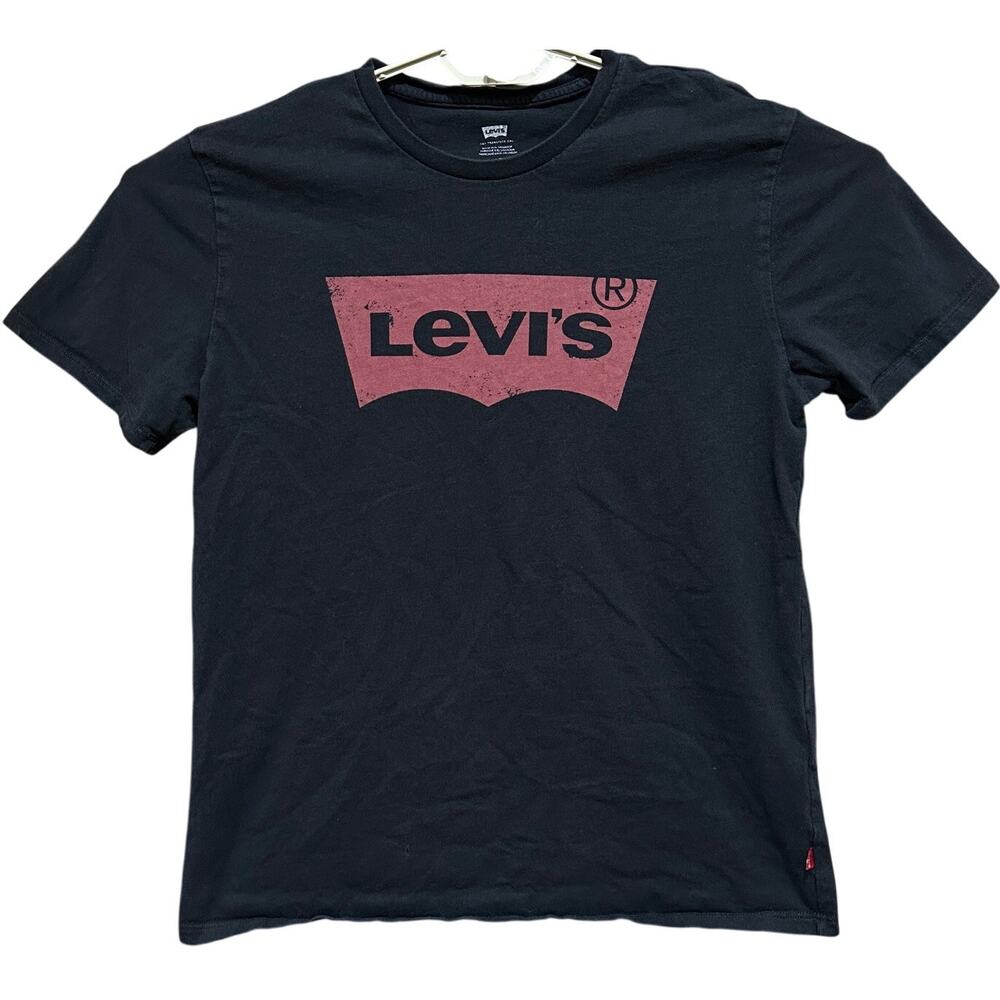 Levis Tee Shirt Men Size L Black Short Sleeve Spell Out Logo 100% Cotton Retro